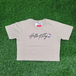 Hello-Kitty Cropped Shirt Womens S/M 18x18 Beige Script Cartoon Boxy